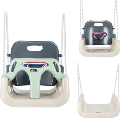 A collage of three different views of a baby swing set.