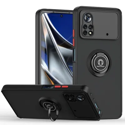 Immagine prodotto di Custodia per Xiaomi Poco X4 Pro 5G opaca traslucida in TPU con supporto ad anello e supporto Nero Rosso