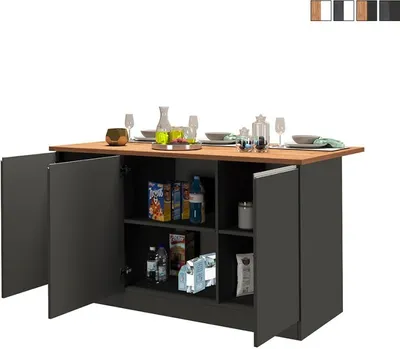 Produktbild von Kücheninsel 3 Türen für moderne Küche 155x90x90cm mit Tisch Deaton - Grau - Eiche