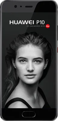 A black and white marketing image for the Huawei P10 smartphone, featuring a portrait of a woman and the product name.