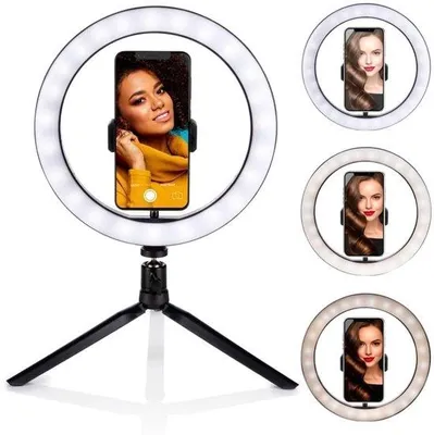 Productafbeelding van Ibenzoa® Selfie-ringlamp met statief – 120 LED's, verstelbare zwanenhals, telefoonhouder, 3 lichtkleuren en 11 helderheidsniveaus, oplaadbaar via USB