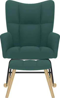 A teal rocking chair with wooden legs against a white background.