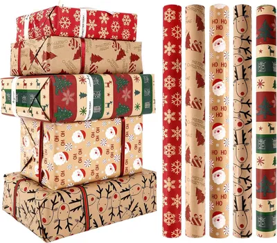 Produktbild von 5 Rollen Weihnachts-Kraftgeschenkpapier, 43 cm x 3 Meter recycelbares Weihnachtsgeschenkpapier mit Druck von Santa Claus und Elch fš¹r Weihnachten, Geburtstag, Party-Geschenkdekoration