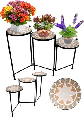 Produktbild von Mosaik Blumenständer, Blumentreppe Metall, Blumentopf Ständer 3 Ebenen, Pflanzenständer, Blumenregal, Blumenpodest, Pflanzenregal für Innen und Aussen