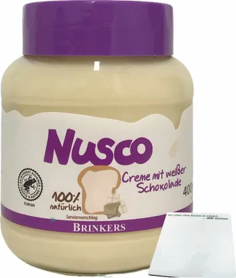 Produktbild von Nusco weiße Schokoladencreme Brotaufstrich mit 2,5% weißer Schokolade (400g Glas) + usy Block