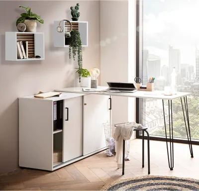 Produktbild von Büromöbel Set 3-teilig modern in weiß mit Akustikpaneel-Optik EVORA-80