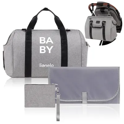 A collage of a baby bag, a changing mat, and a small pouch, with a smaller image of the bag attached to a stroller handle.