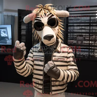 Produktbild von Maskottchen REDBROKOLY eines beigen Zebras mit Motorradjacke und Lesebrille