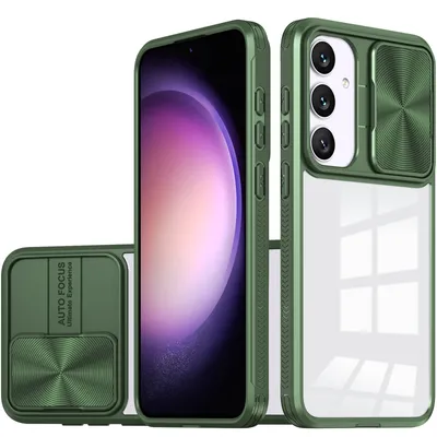 Immagine prodotto di Custodia per Samsung Galaxy S25+ Custodia ibrida trasparente in TPU con copertura scorrevole della fotocamera verde