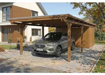 Produktbild von Einzelcarport SKAN HOLZ Emsland inkl. Abstellraum, EPDM Folie, Pfostenanker 402 x 846 cm nussbaum