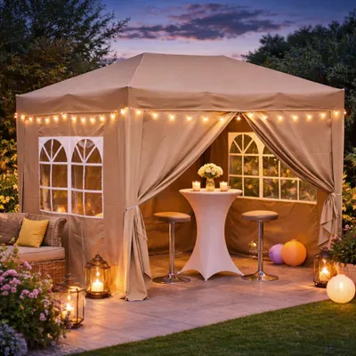 Produktbild von Faltpavillon 2 x 3 m Braunbeige, 4 Easy-Klett Seitenwände (2 Reißverschlüsse, 2 Fenster), Pop Up Pavillon Faltbar, mit Tragetasche