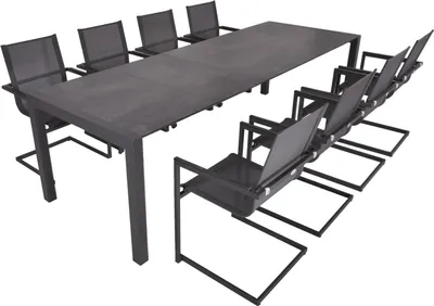 A dining table and chairs set.