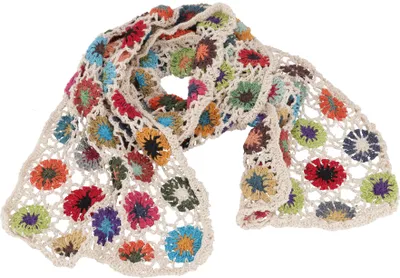 Produktbild von Häkelschal mit Bunten Blümchen, Boho Schal - Weiß, Uni, Baumwolle, Schals
