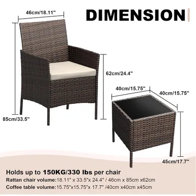 Image de Ensemble de mobilier de jardin - Ensemble lounge 3 pièces - Rotin synthétique (PE) - 2 fauteuils avec coussins - Table en verre - Pour terrasse, balcon, jardin - Marron beige
