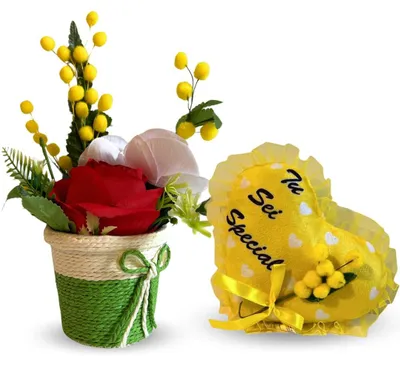 Geschenkset Kunstblumen Mimosa Herz-Kissen Topf Deko Frauentag