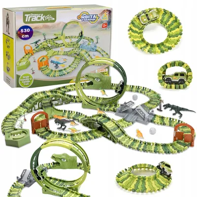 Image de Circuit de voiture dinosaures 324 pièces avec looping 360° et pont-levis – piste flexible Dino Park XXL, voiture électrique et 8 figurines