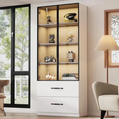 Produktbild von Vitrine mit LED Beleuchtung 60x40x160 cm Weiß mit Schubladen und Aluminiumrahmen