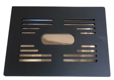 A black laundry basket with a cutout in the center and horizontal slots on the sides, placed on a white background.