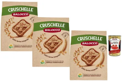 Produktbild von Balocco Italian Gourmet Bundle Cruscelle Vollkorn-Frühstückskekse 3x 700g + Italian Gourmet Polpa Gratis – Italienisches ballaststoffreiches Gebäck mit 100% Vollkornmehl laut Verpackung, Vorrat 2,1kg