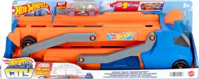 A Hot Wheels Speed Track Transporter toy in its retail packaging.
