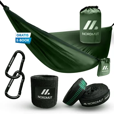 Zdjęcie produktu dla NORDMUT® Ultralekki hamak dla 2 osób [z zestawem mocującym] Hamak kempingowy z zestawem ochronnym na drzewo na kemping, na zewnątrz i do ogrodu