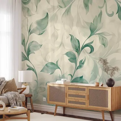 Produktbild von Selbstklebende Folie Fototapete - Watercolor Botanical Motif Delicate Green-Beige Leaves 392x280 cm Muster f-H-10016-a-a