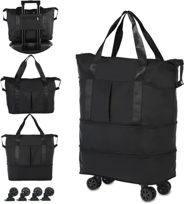 Image de Sac de voyage extensible - Sac de voyage - Idéal pour les week-ends - Avec roulettes - Grande taille - Noir