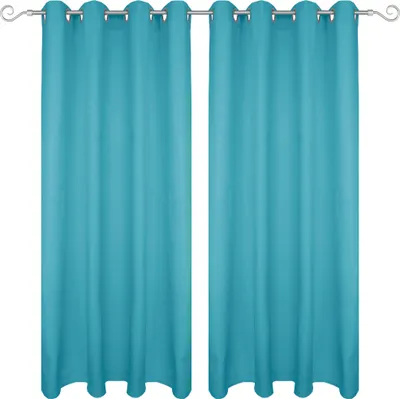 Two turquoise curtains hanging on a curtain rod against a white background.
