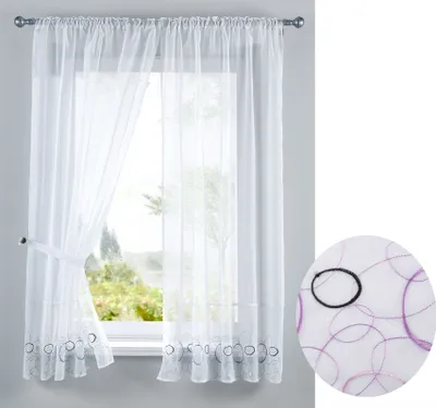 Produktbild von AURA Stickerei Gardinen Set 4 Tlg. Raffhalter Tunneldurchzug Gardinenband für Gardinenschienen Lila HxB 150x90 cm, 112230