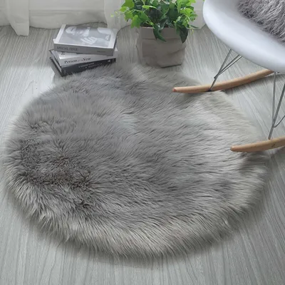 Produktbild von 2 Stk Shaggy Teppich, Schlafzimmer Rund Künstliches Schaf Fell Teppich Grau