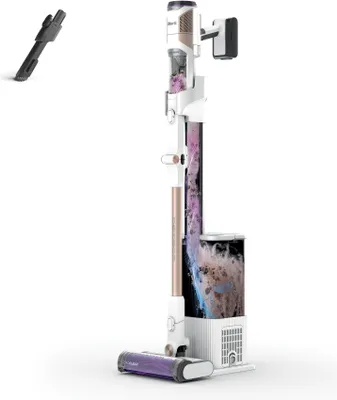 A white background with a vacuum cleaner and a separate accessory.