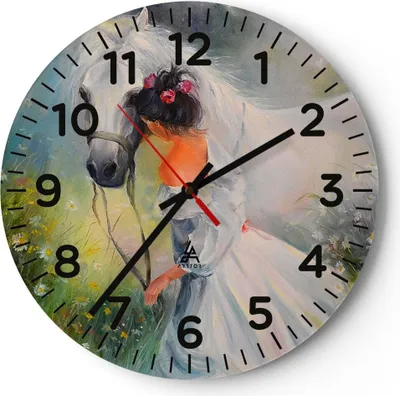 Produktbild von Wanduhr - Rund - Glasuhr - Frau Wiese Pferd - 30x30cm - Schleichendes Uhrwerk - Lautlos - zum Aufhängen bereit - Dekoration Modern - Wanddekoration aus Glas - C4AR30x30-3470