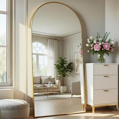 Image de Miroir mural corporel, forme en arc, 180x80 cm, miroir sur pied, couleur or