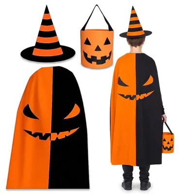Kürbiskostüm 3-in-1: Umhang, Hut, Tasche für Halloween