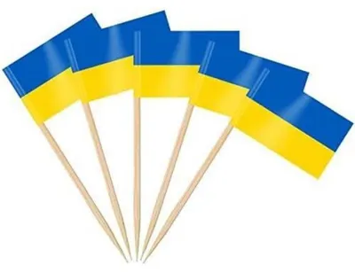 Zdjęcie produktu dla Ukraińskie flagi na patyczkach do zębów, 100 sztuk, wymiary flagi: 3,5 x 2,5 cm, długość patyczka: 6,5 cm
