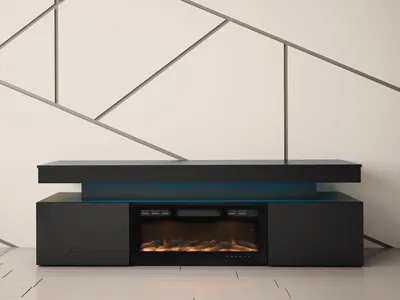 A modern black TV stand with an integrated electric fireplace and blue LED lighting, set against a white wall with geometric metal accents.