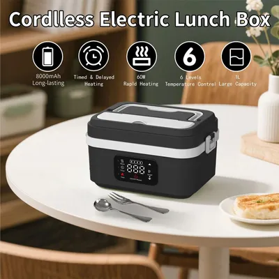 Zdjęcie produktu dla Przenośna elektryczna lunchbox – pojemność 1 l, moc 60 W, wtyczka EU – szybkie nagrzewanie – bateria 4000 mAh – ładowanie przez USB-C – wyświetlacz LED – stal nierdzewna 304