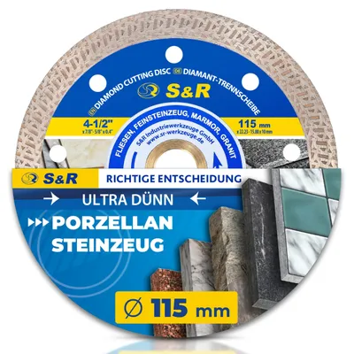 Imagen del producto de Disco de corte diamantado S&R HardCeramic de calidad profesional, 115 mm / 7", con filo de corte ultrafino de 1.5 mm, dimensiones 115x1.2x10x22.2/20/15.88 mm. Disco de corte para azulejos, gres, mármol y granito