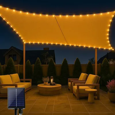 Image de Voile d'ombrage étanche 3x4m avec guirlande lumineuse solaire LED 98% protection UV indéchirable résistant aux intempéries pour terrasse jardin pelouse
