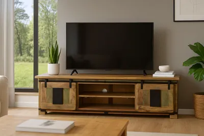 Produktbild von Lowboard Libro II, Mangoholz massiv + bunt, TV-Board/Fernsehkommode mit 2 Holzschiebetüren & 6 offenen Fächern, Türelemente & Reling aus Eisen, 180 x 50 x 55 cm, Shabby Chic