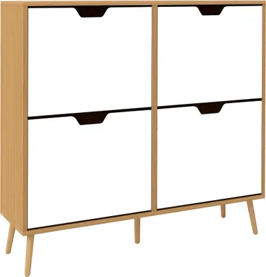 Image de HOMCOM Meuble à chaussures 4 abattants, armoire à chaussures 16 paires, avec étagère réglable, pieds en bois, rangement chaussure, grande capacité pour couloir, entrée, 95 x 26 x 95 cm, naturel