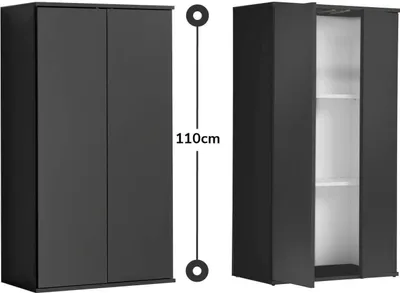 A product image showing a closed and an open view of a tall, narrow cabinet. A measurement indicator is placed between the two views.