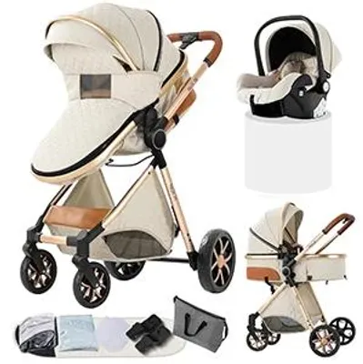 Immagine prodotto di Passeggino combinato 3-in-1 - Con ovetto - Per neonati - Cintura di sicurezza a 5 punti - Pieghevole - Ruote ammortizzate - Bianco