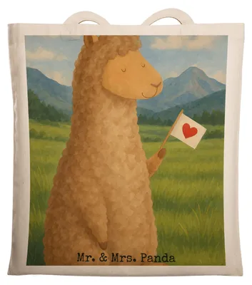 Produktbild von Mr. & Mrs. Panda Stoffbeutel Alpaka Fahne Design - Weiß - Geschenk, Alpakas, Lama, Liebe, Einkaufstasche, Uni Tasche, Tote Bag, Jutebeutel, Lamas, Schultasche