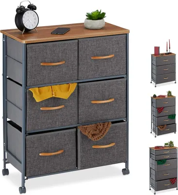 Productafbeelding van Ladekast op wielen - 6 stoffen lades - Mooie stoffen kast - Blad in houtlook - 74.5 x 58 x 30 cm - Grijs