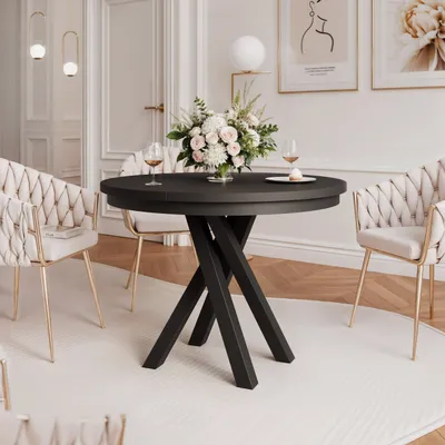 Produktbild von IDOHOME-Ausziehbarer Esstisch LORIEN rund 100–140 cm Schwarz mit Metallbeinen Tisch Küchentisch Esszimmertisch