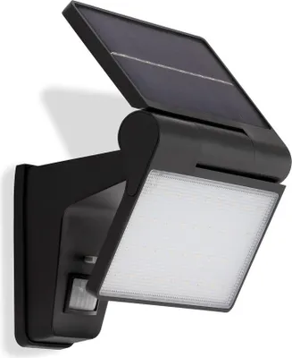 A black solar-powered outdoor light with a motion sensor, mounted on a white background.