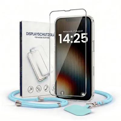 Produktbild von Handyhülle für Apple iPhone 15 mit Handykette und 9H Displayglas Displayschutz Band in Hellblau Kordel Hülle Case Schutzhülle Transparent