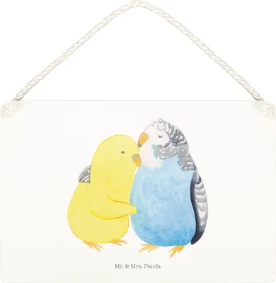 Produktbild von Mr. & Mrs. Panda Schild Wellensittich Liebe DIN A5 - Weiß - Geschenk, holzbild, Kuscheln, Umarmen, Wandbild Holz, Vögel, wandtafel, Freundin, Türschild, Verknallt
