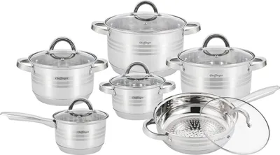 A set of stainless steel cookware with glass lids, arranged on a white background.